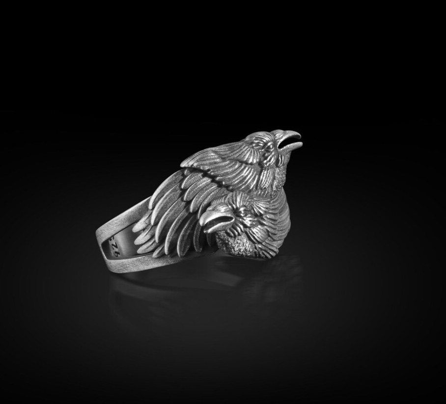 Hugin Munin Men Ring 925 Sterling Silver Handmade Sacred Ring Duty Free