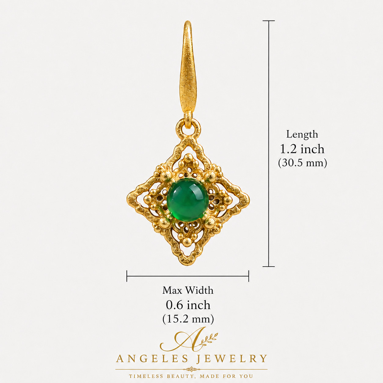Green Jade Drop Dangle Earrings Hollow-carved Gemstone Ear Hook 18K Gold Plated