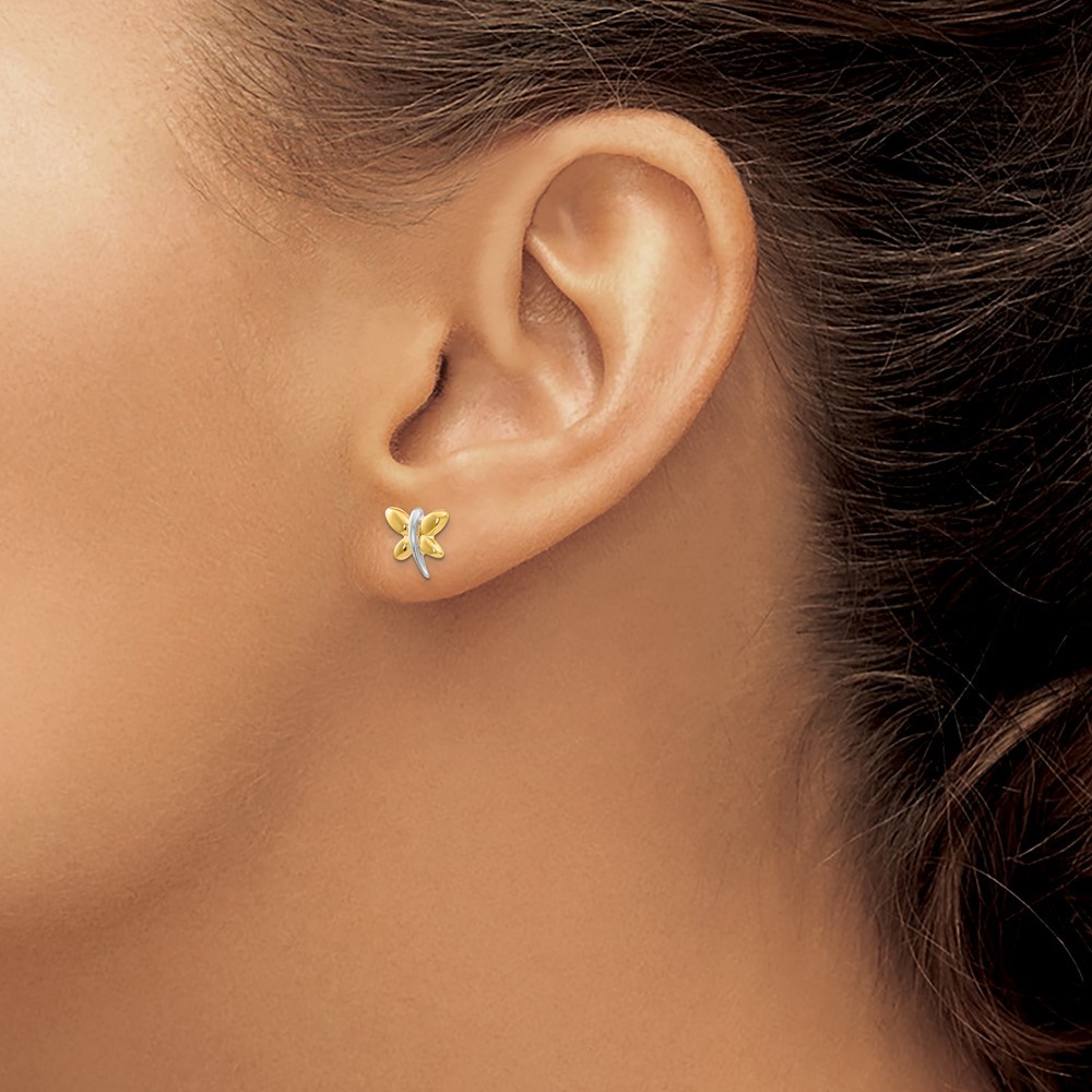 14k Yellow Gold with Rhodium Polished Dragonfly Earrings 0.55 g