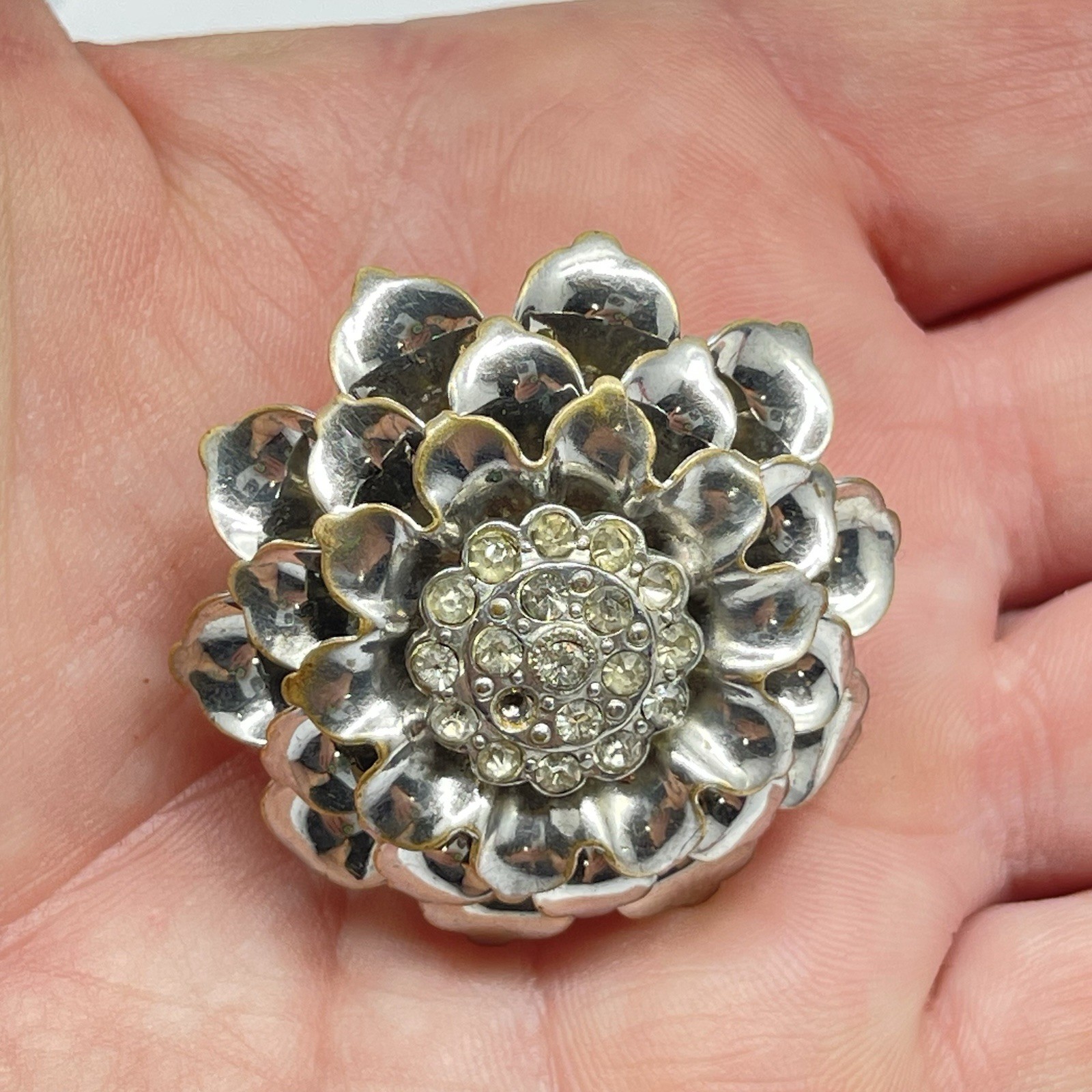 Brooch Silver Tone Flower Layered Petals Rhinestone Center No Mark -Flaw