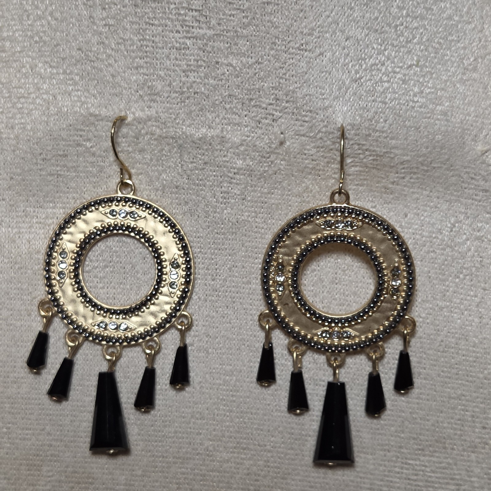 Elegand Golden Hoop Earrings With Black Dangles And Sparkling Crystal Accents