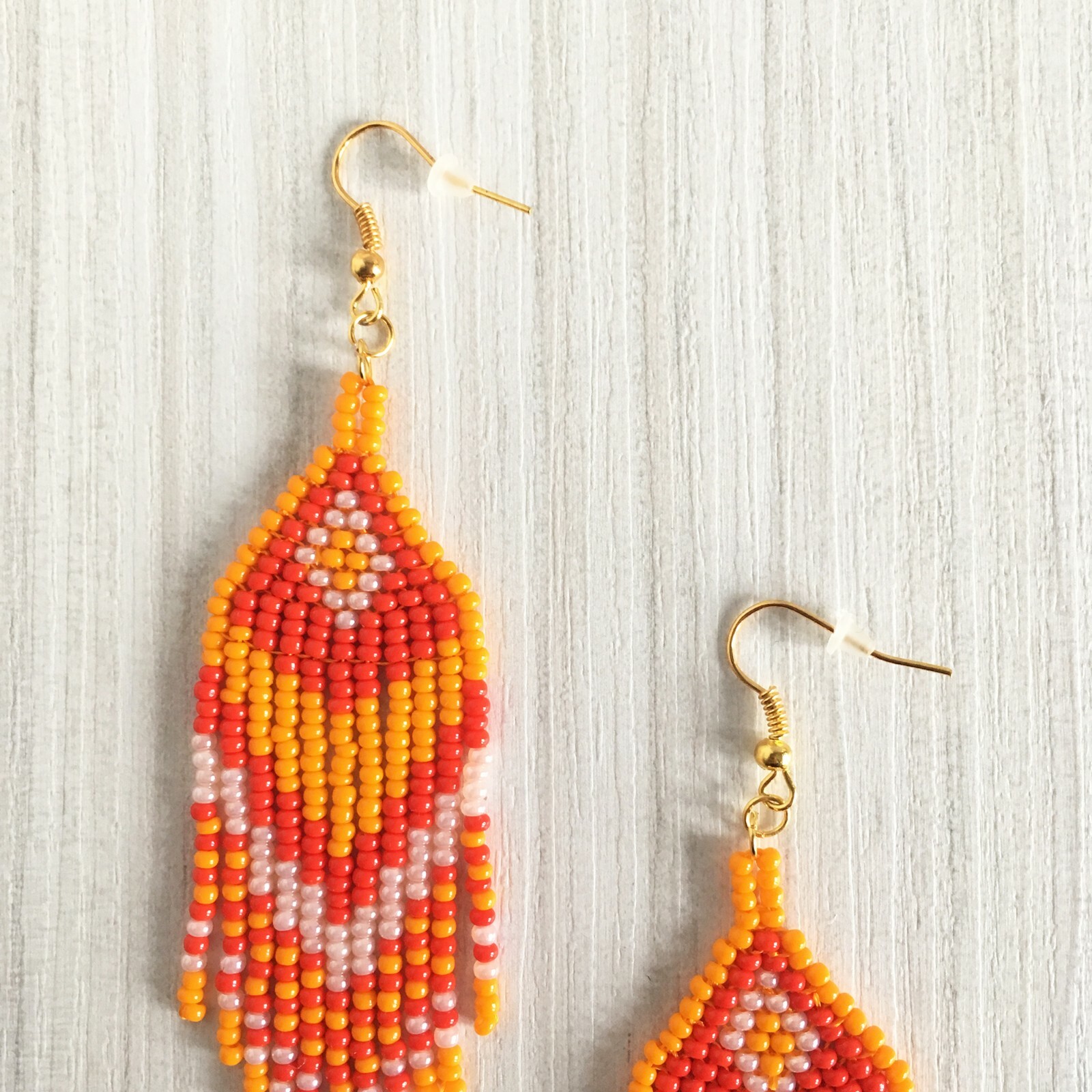 Orange red beaded earrings, Halloween seed bead earrings with fringe