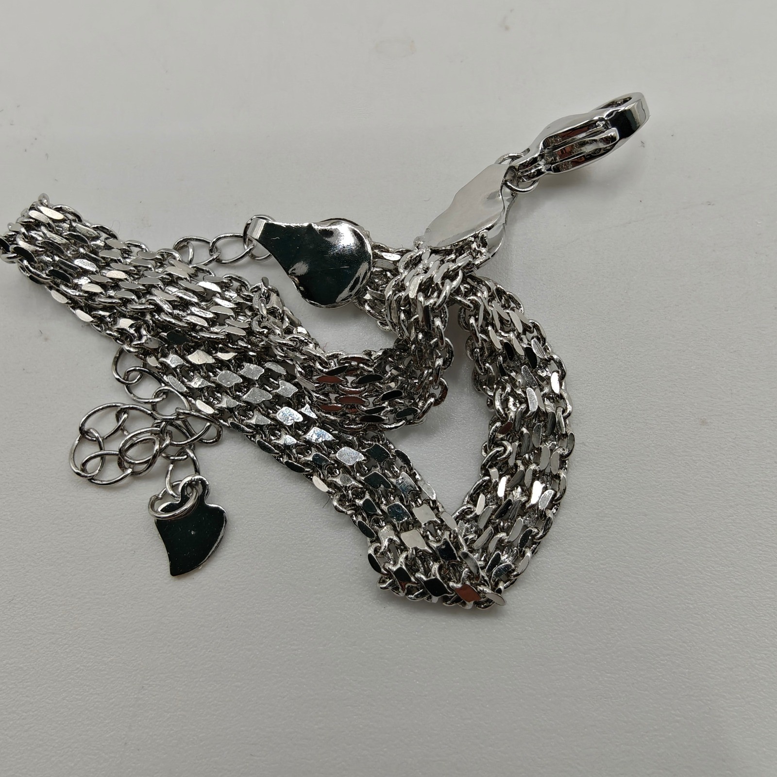 S925 Sterling Silver Multi Strand Mesh Bracelet Adjustable Heart Charm 4.06g
