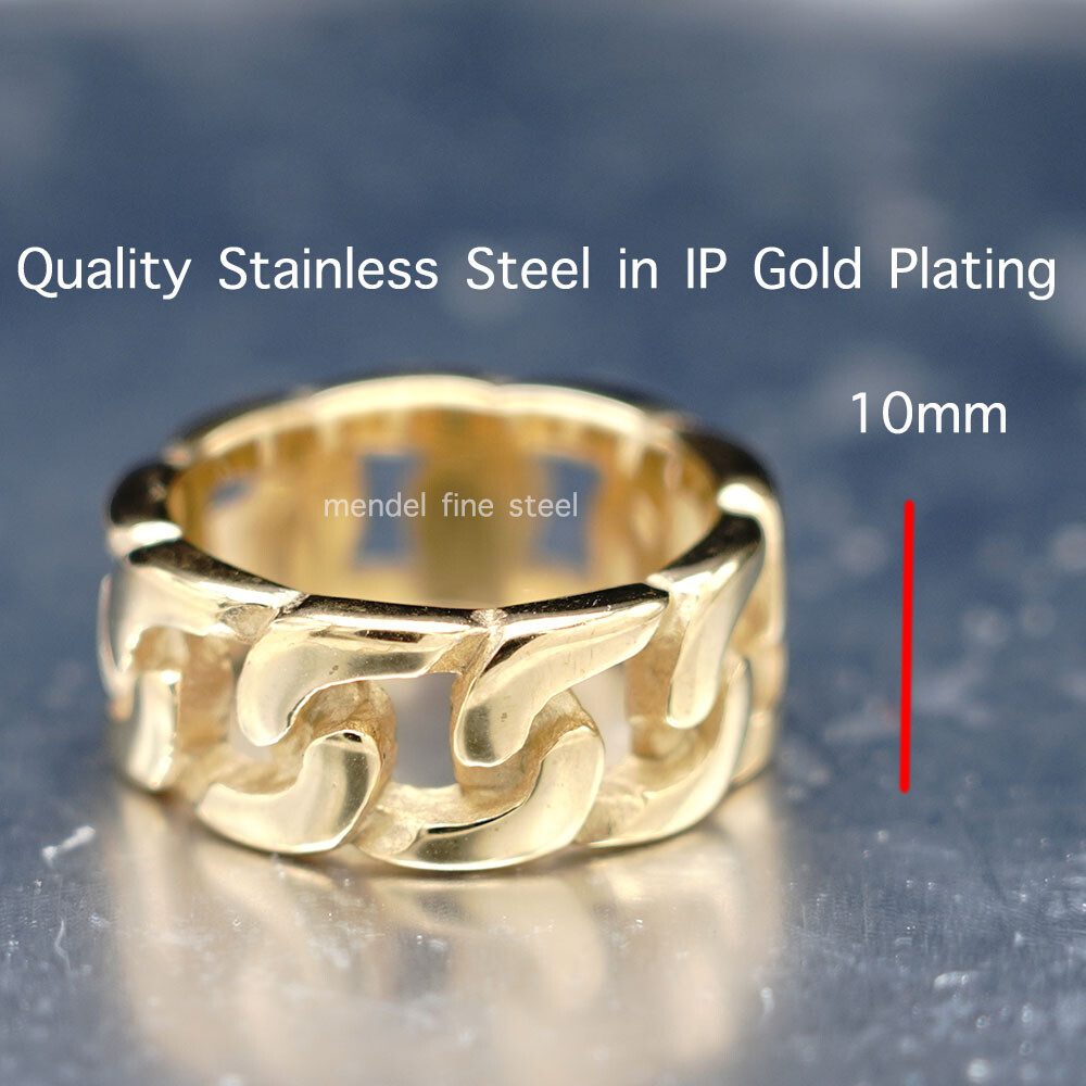 MENDEL Mens 10k Gold Plated Stainless Steel Biker Cuban Link Band Ring Size 7-15