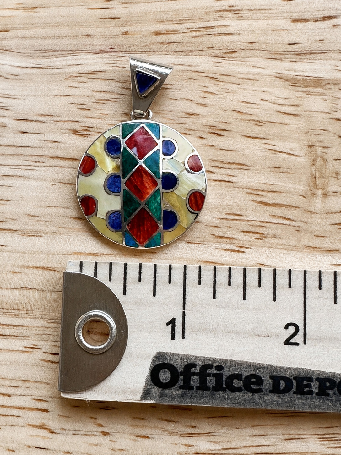 Handmade Peru 950 Silver Pendant Natural Stone Shell Inlay Artisan Round 1″