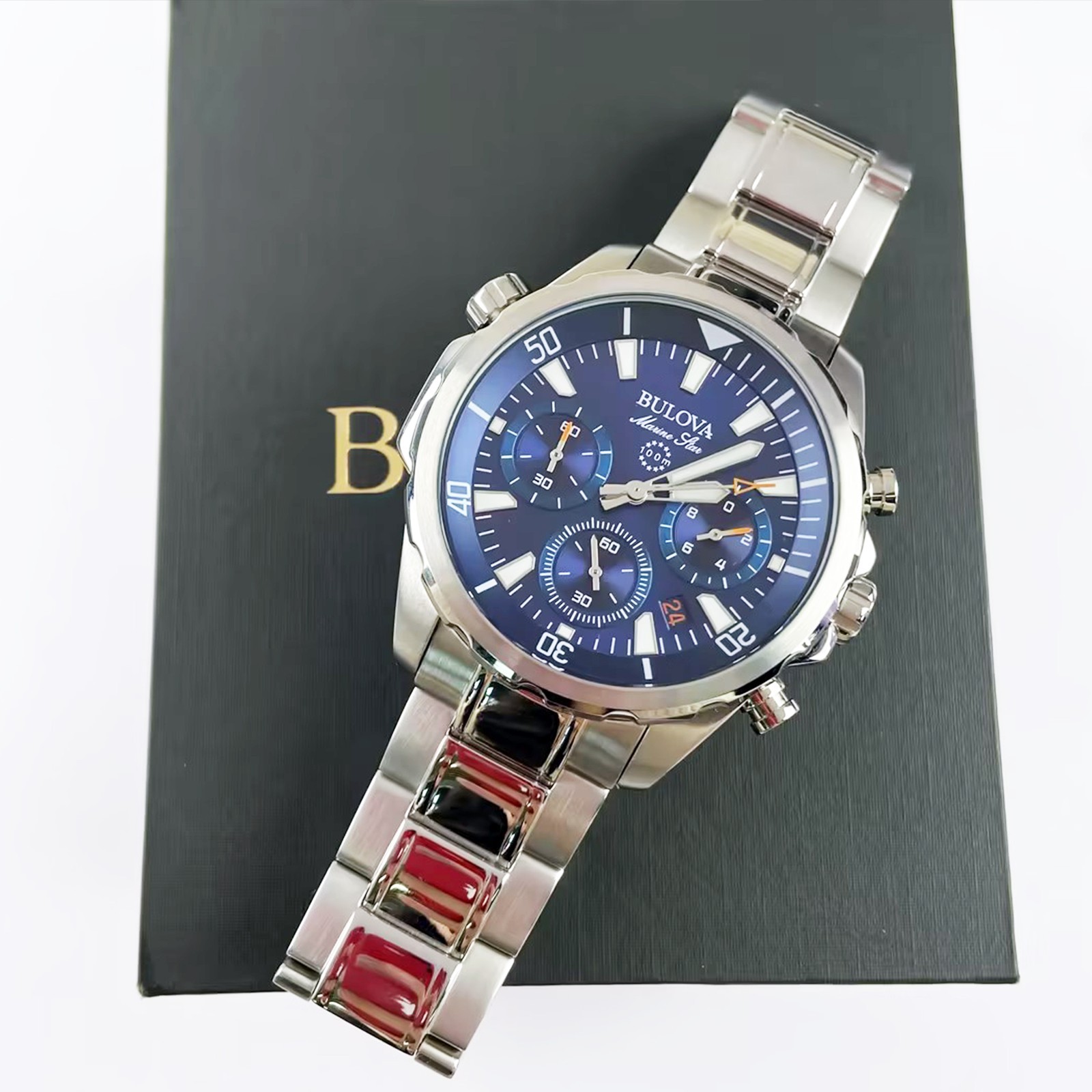 Bulova Marine Star Men Blue Dial Silver Steel Chronograph 96B256 Watch 43mm