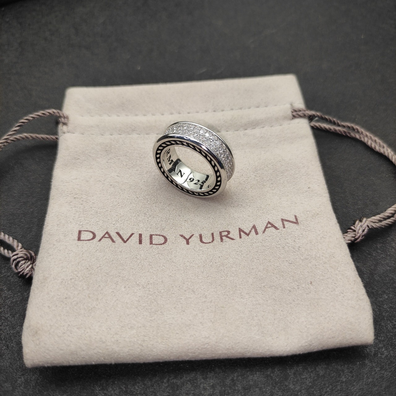 David Yurman Sterling Silver with Diamonds 8.5mm Pavé Three Row Band Ring SZ 8