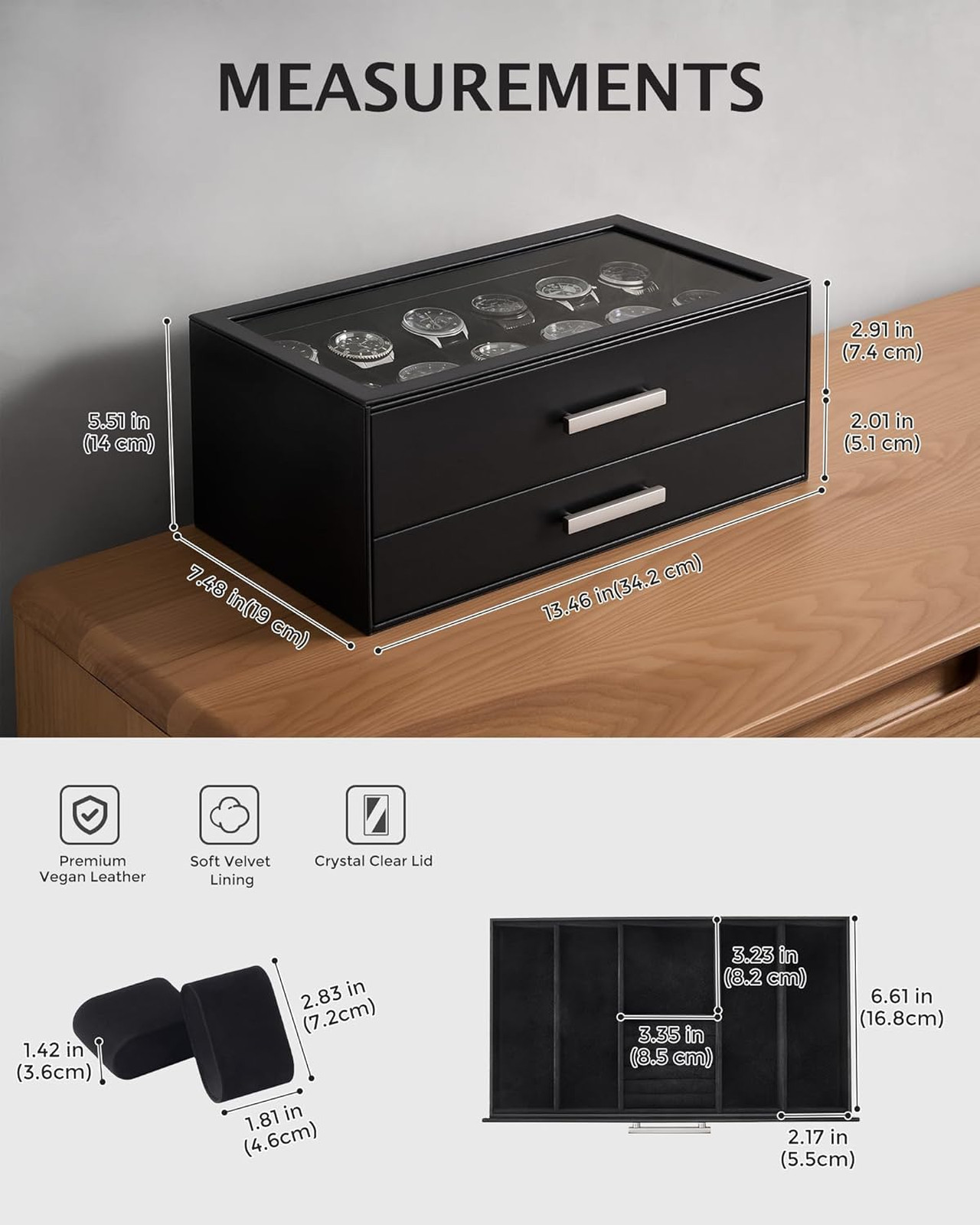 Watch Organizer Box with Pull-Out Drawers for Men Black Glass Top Jewelry