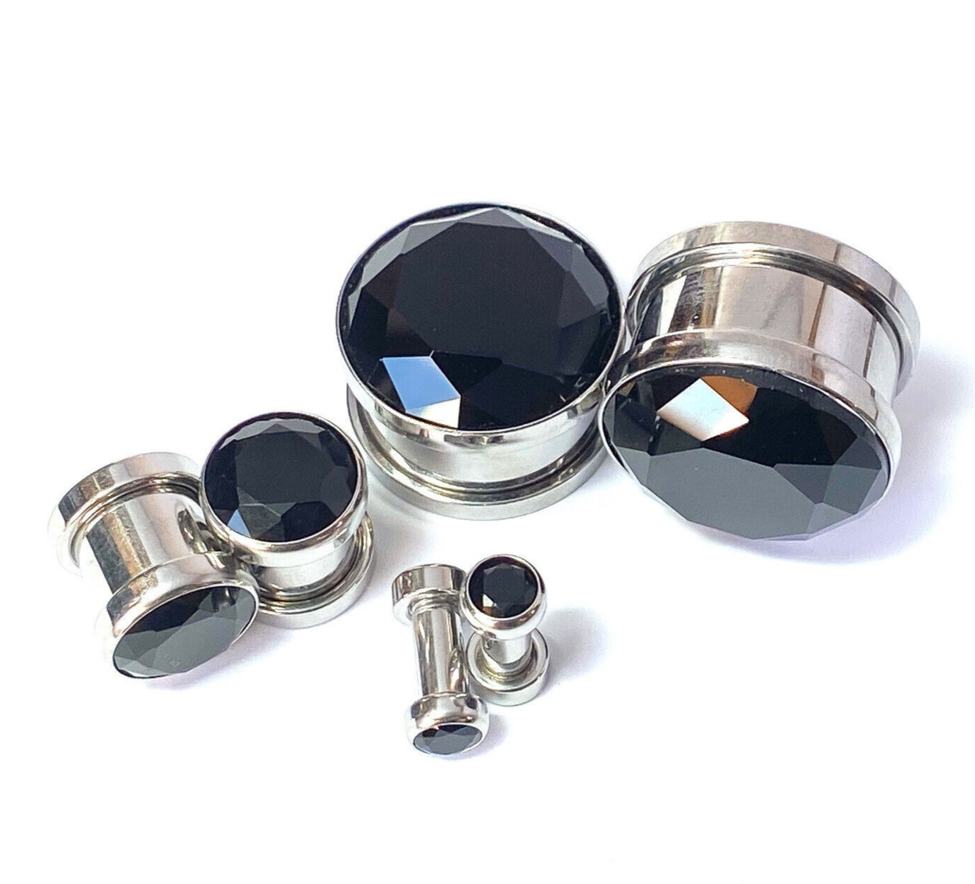 PAIR Large Black Gem Screw Fit Tunnel Plugs Gauges Pierced Body Jewelry Piercing