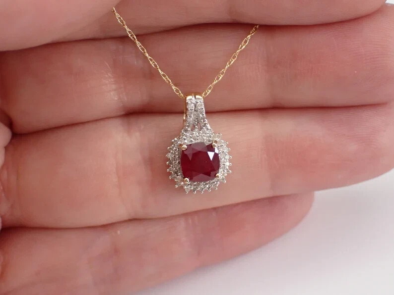 2.20Ct Cushion Cut Natural Red Ruby Women’s Halo Pendant Solid 14K Yellow Gold