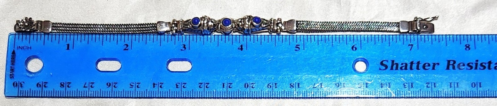 Sterling Silver Lapis Lazuli 3 Stone 4mm Wheat Chain 7 In Bracelet Signed OA 925