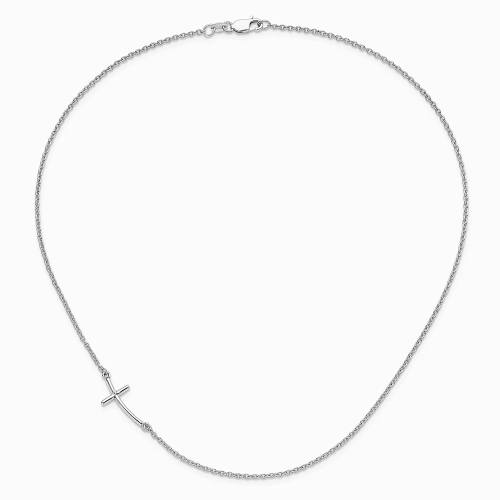 Sterling Silver Rh-Plated Large Off-Set Sideways Curved Cross Necklace