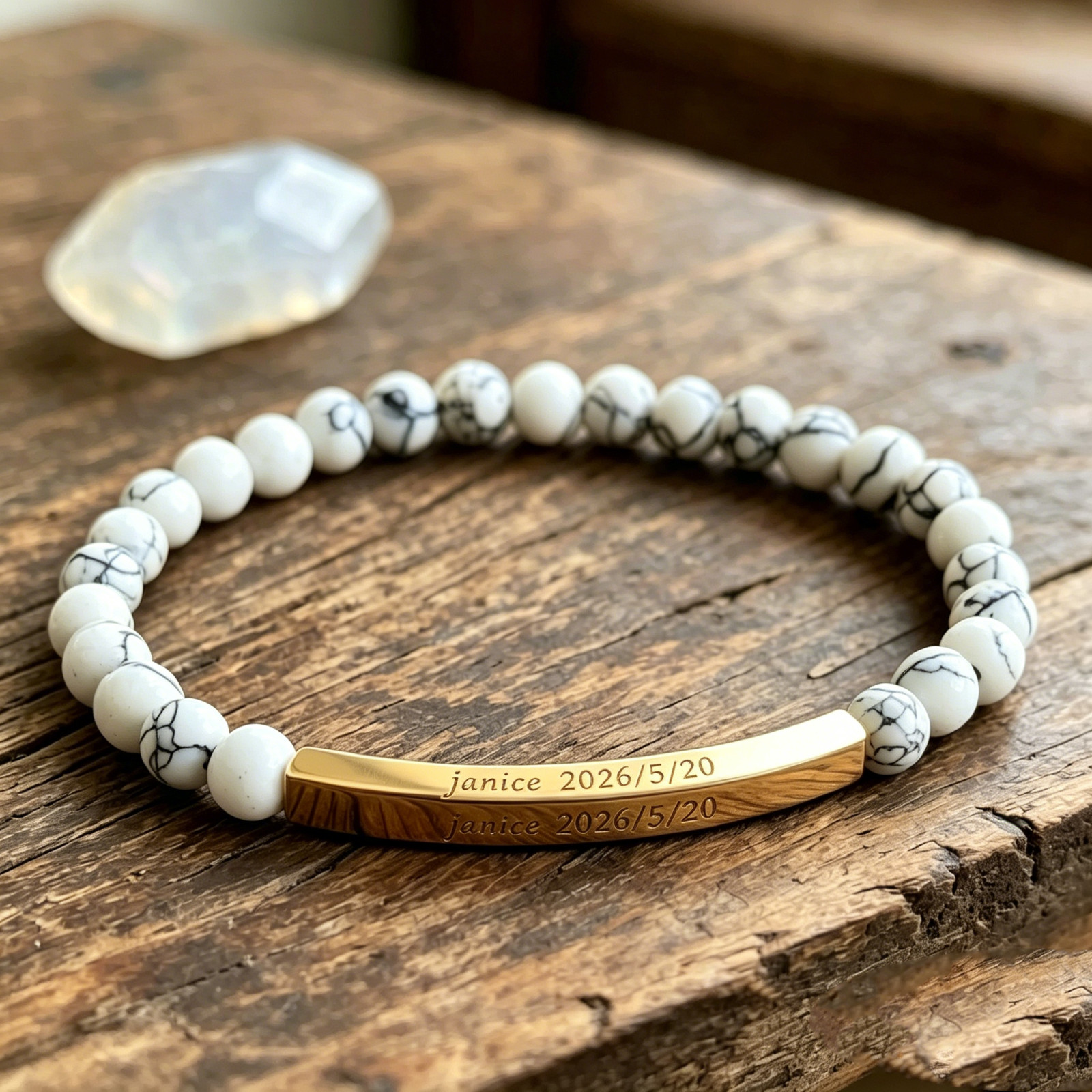 Custom Engraved Howlite Bracelet Personalized Name Date Custom Memorial Bracelet
