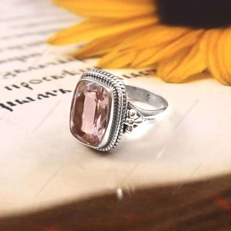 Rose Quartz Ring 925 Sterling Silver Band& Statement Handmade All Size