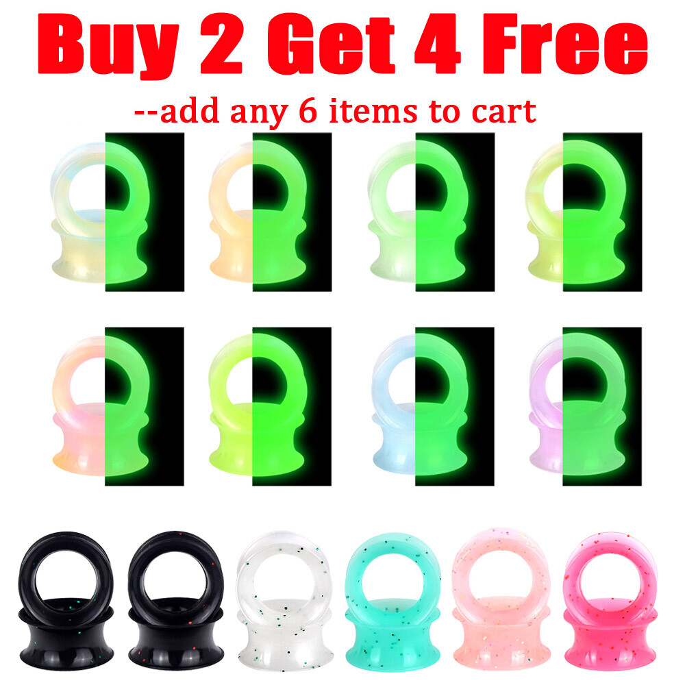 Pair of Thin Flexible Silicone Ear Skins Glow in the Dark/Glitter Flesh Tunnels