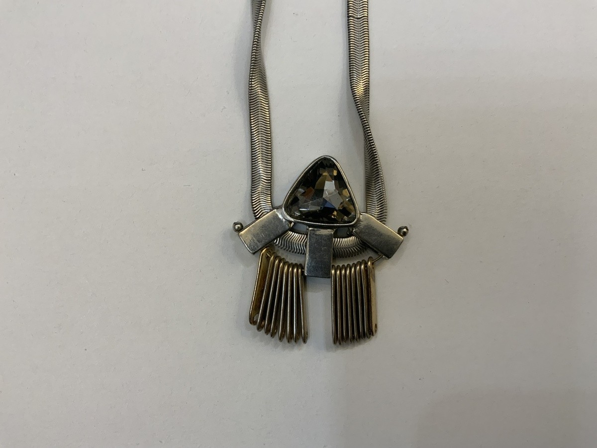 Vintage Geometric Statement Necklace Two-Tone Silver and Gold Metal with Triangl