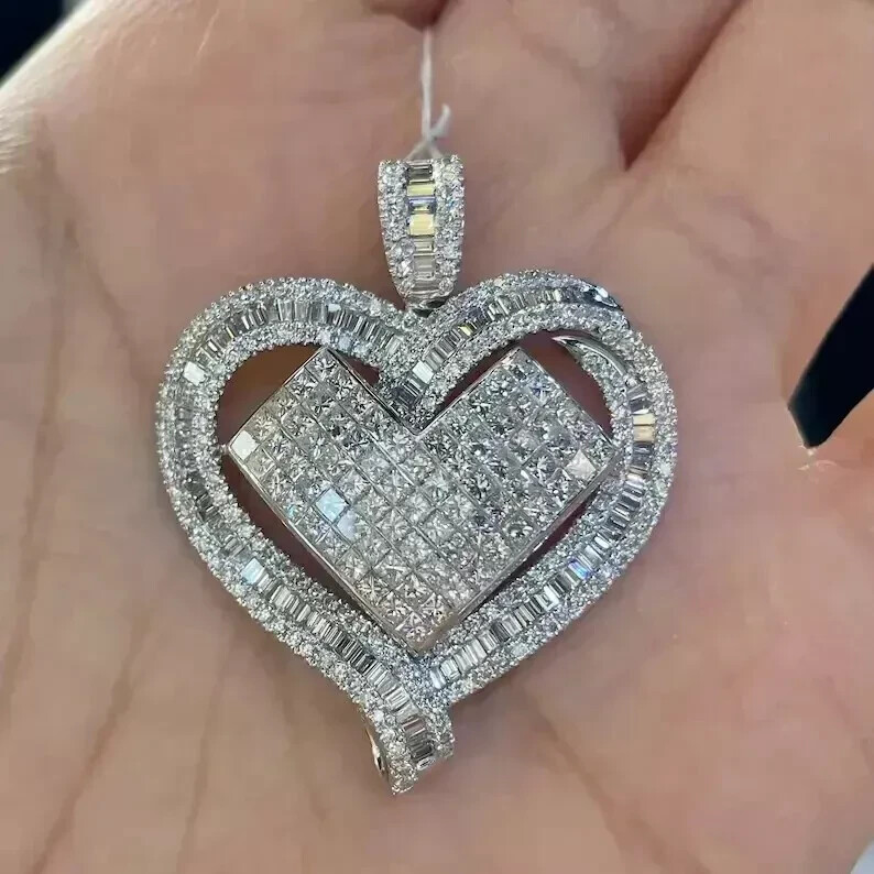 3Ct Round Cut Lab-Created Diamond Heart Pendant 14K White Gold Plated Free Chain