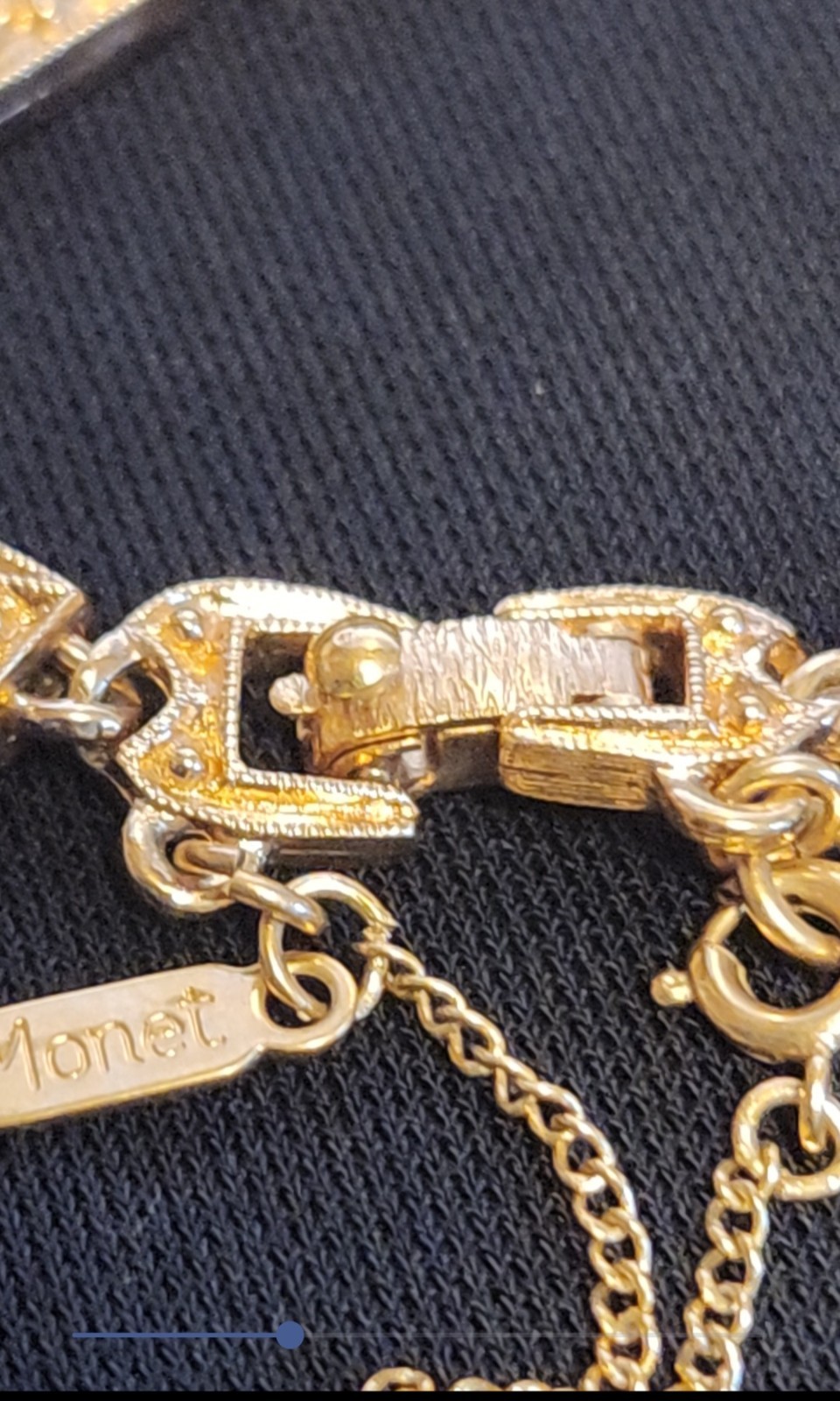 Monet Gold tone Rectangular Bar Etched Bracelet w/Safety Chain