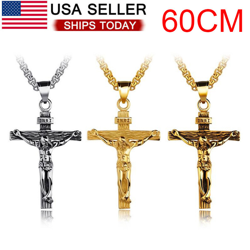 Men’s Stainless Steel Jesus Christ Crucifix Cross Pendant Chain Necklace