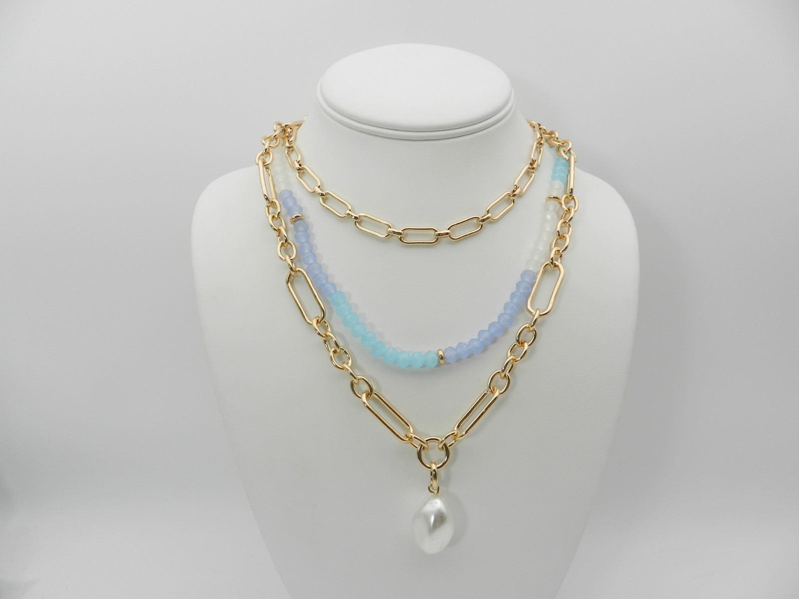 On 34th Gold-Tone Stone Beaded Three-Row Necklace, 20″ + 3″ extender