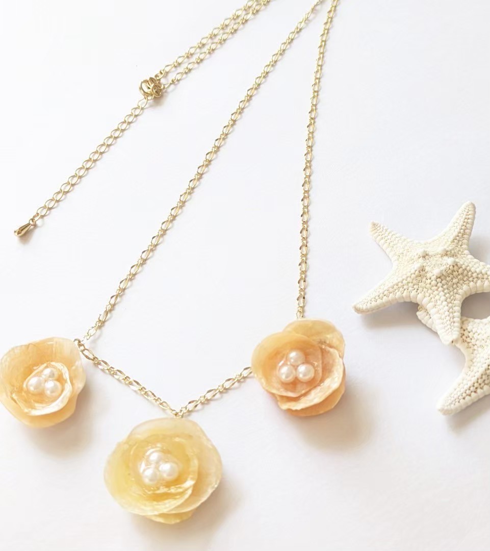 Handmade Triple Shell Flower Necklace Faux Pearl Gold Tone Boho Yellow Orange