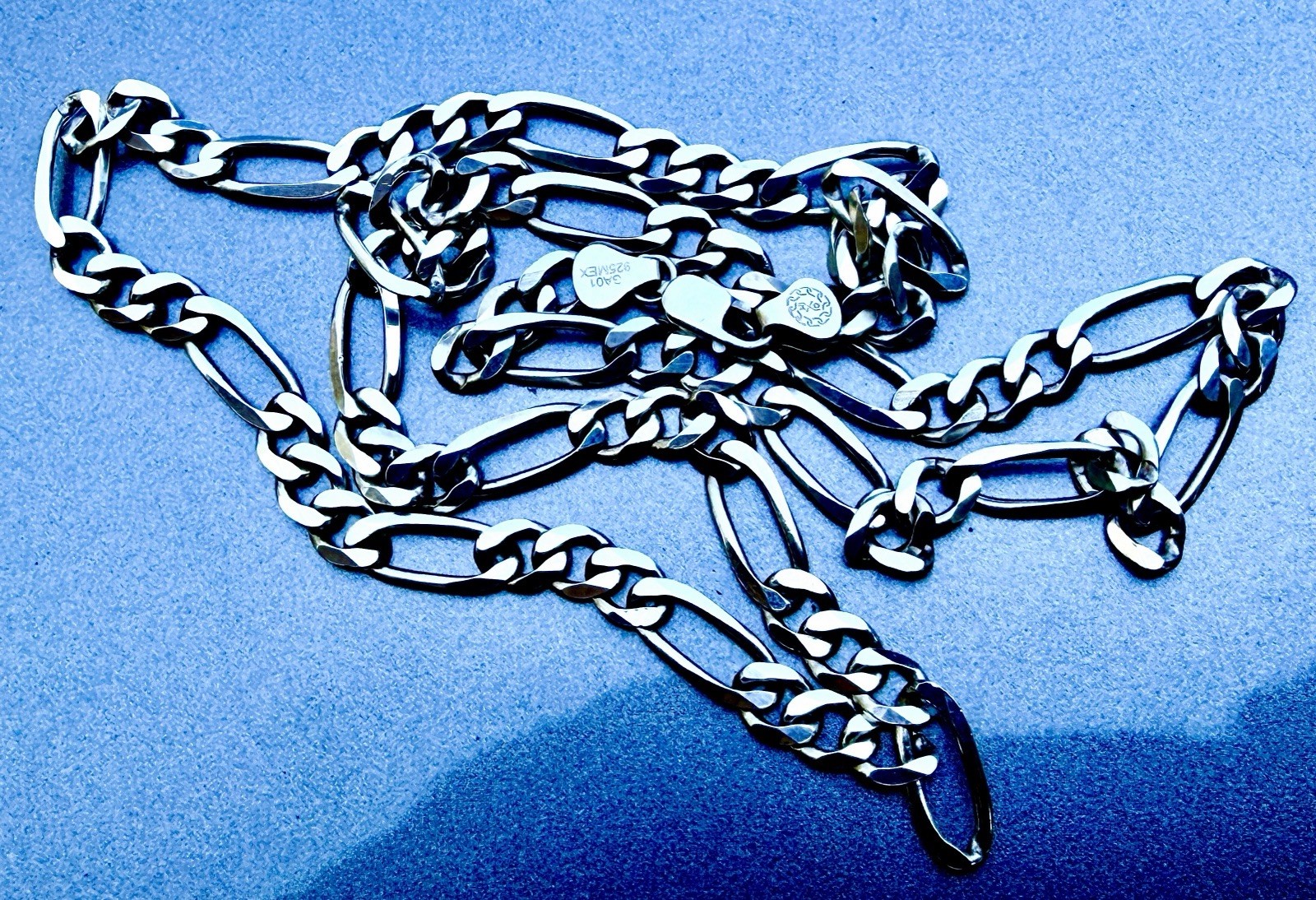 Sterling Silver Figaro Necklace 28” Long 44 Grams 7.5 MM Wide.