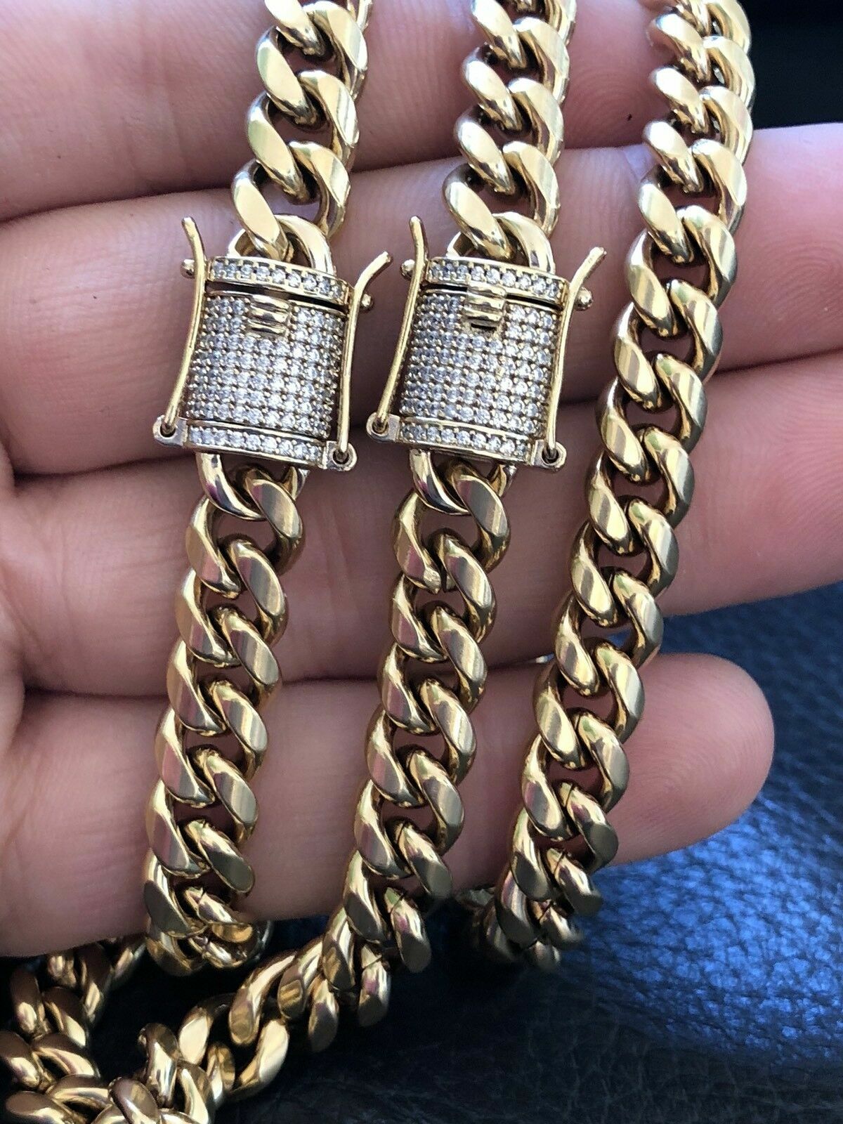 14K Gold Plated Chain CZ Clasp Stainless Steel Miami Cuban Link Bracelet 6-14MM