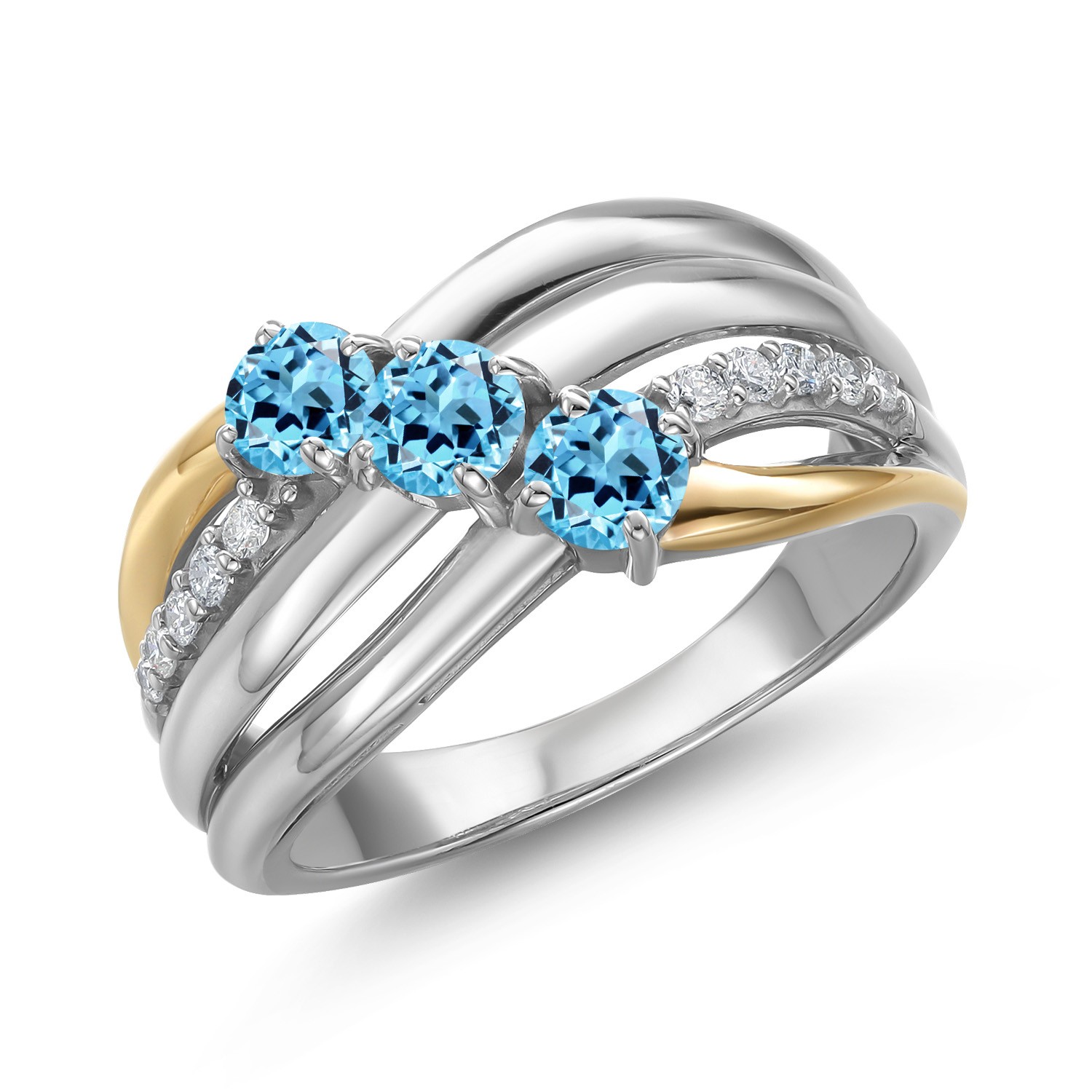 925 Silver and 10K Yellow Gold Swiss Blue Topaz and Lab Grown Diamond