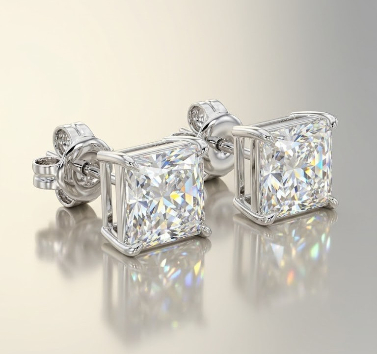 4Ct Princess Cut White Diamond Solitaire Studs-Great Shine! Ideal Gift