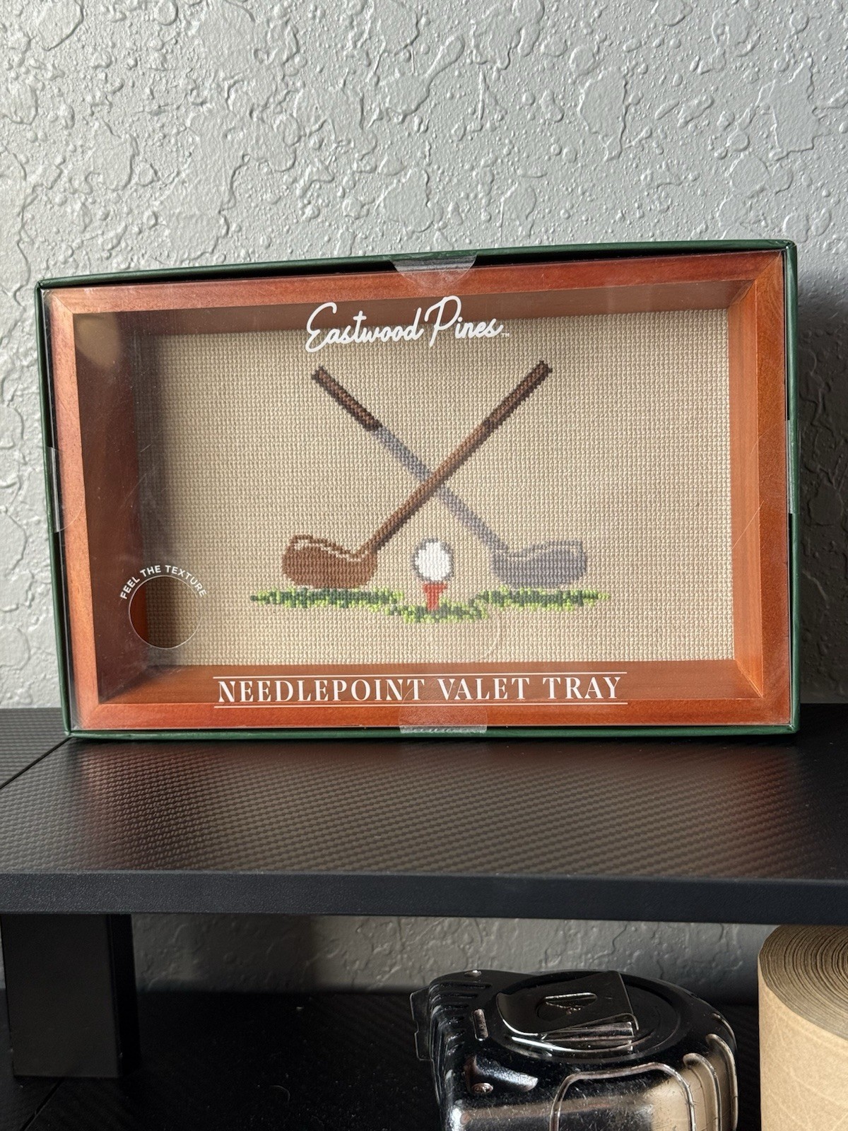 Eastwood Pines Golf Needlepoint Valet Tray Station Wood Glass Lined, Green