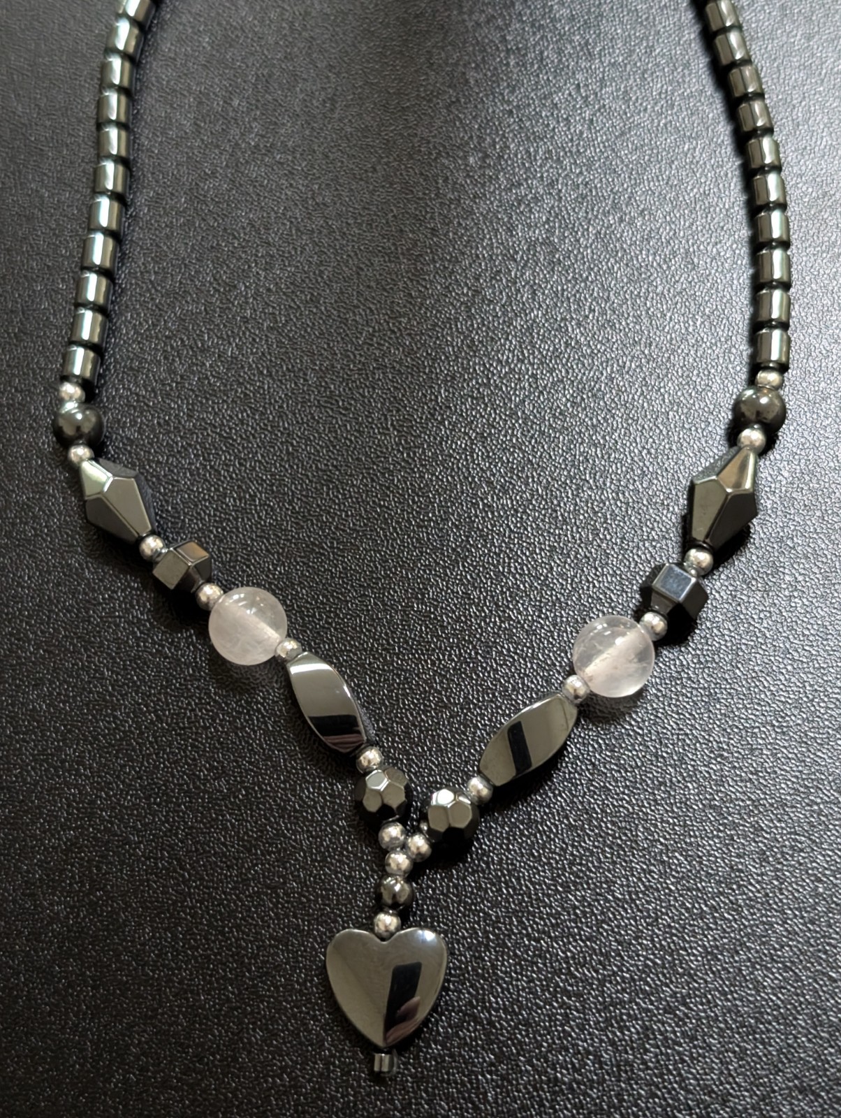 Hematite & Clear Quartz Heart Pendant Y Necklace + Bonus Cat’s Eye Bracelet Lot