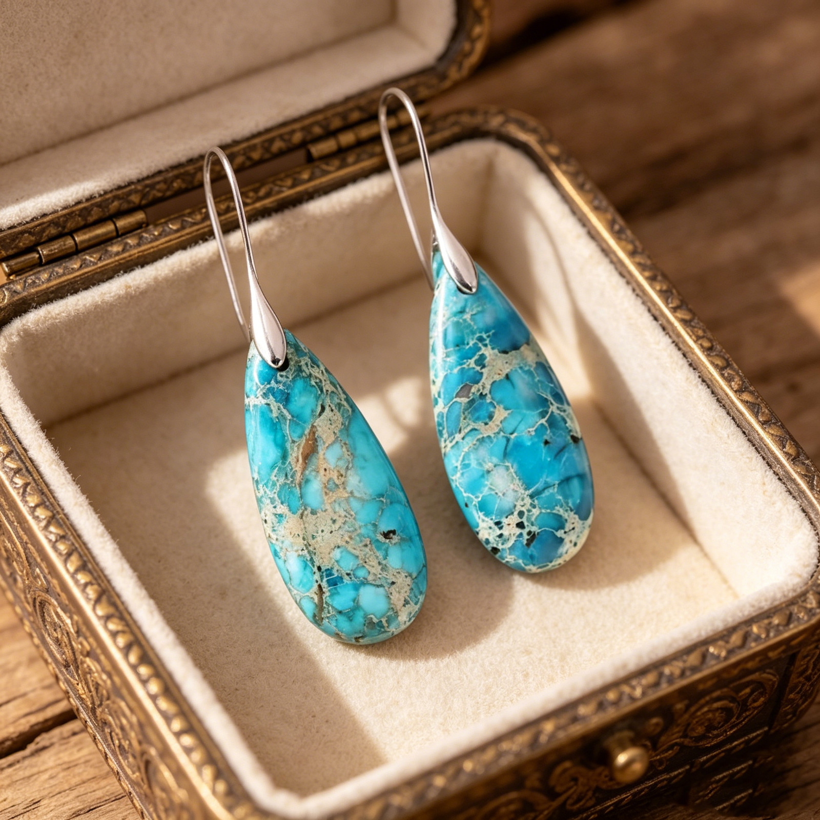 Natural Turquoise Teardrop Drop Earrings 925 Sterling Silver Hooks Boho Western