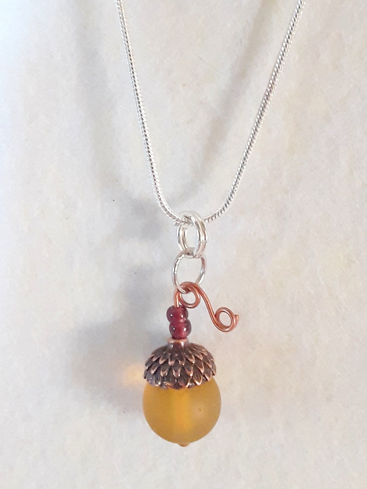 Handcrafted Acorn Pendant Charm Necklace Frosted Czech Glass 22″ SP Snake Chain