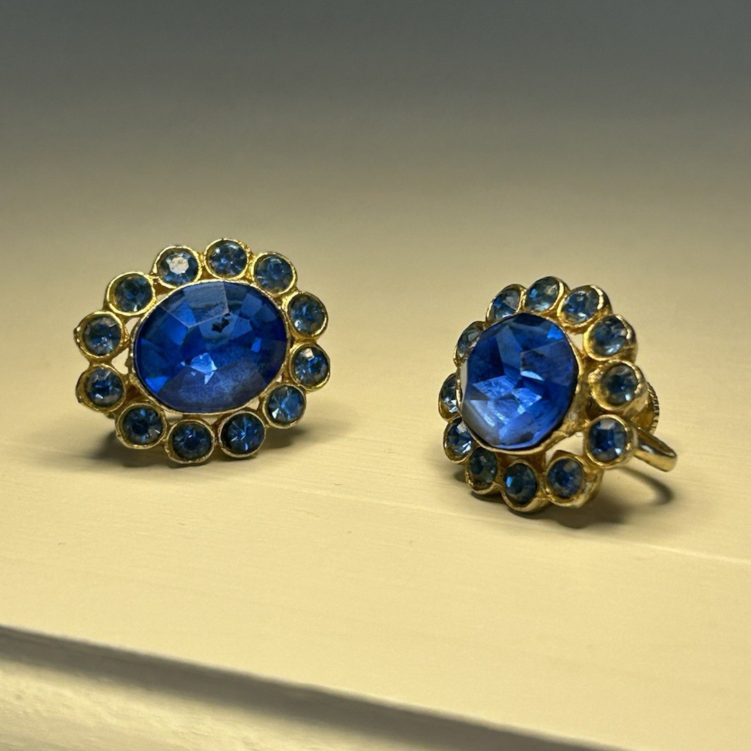 Vintage Coro Signed Blue Rhinestone Screw Back Earrings Mid Century Gold Tone