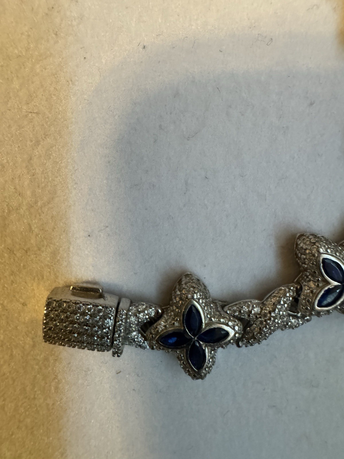 925 Sterling Silver Blue Flower Link Bracelet Box Clasp Signed Stackable