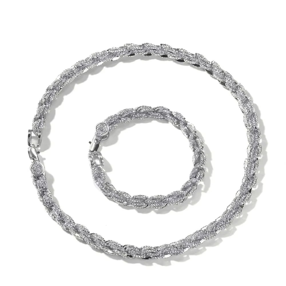 Mens Rose Gold Plated Iced CZ Out Rope Chain & Bracelet Set 9mm Hip Hop Jewelry