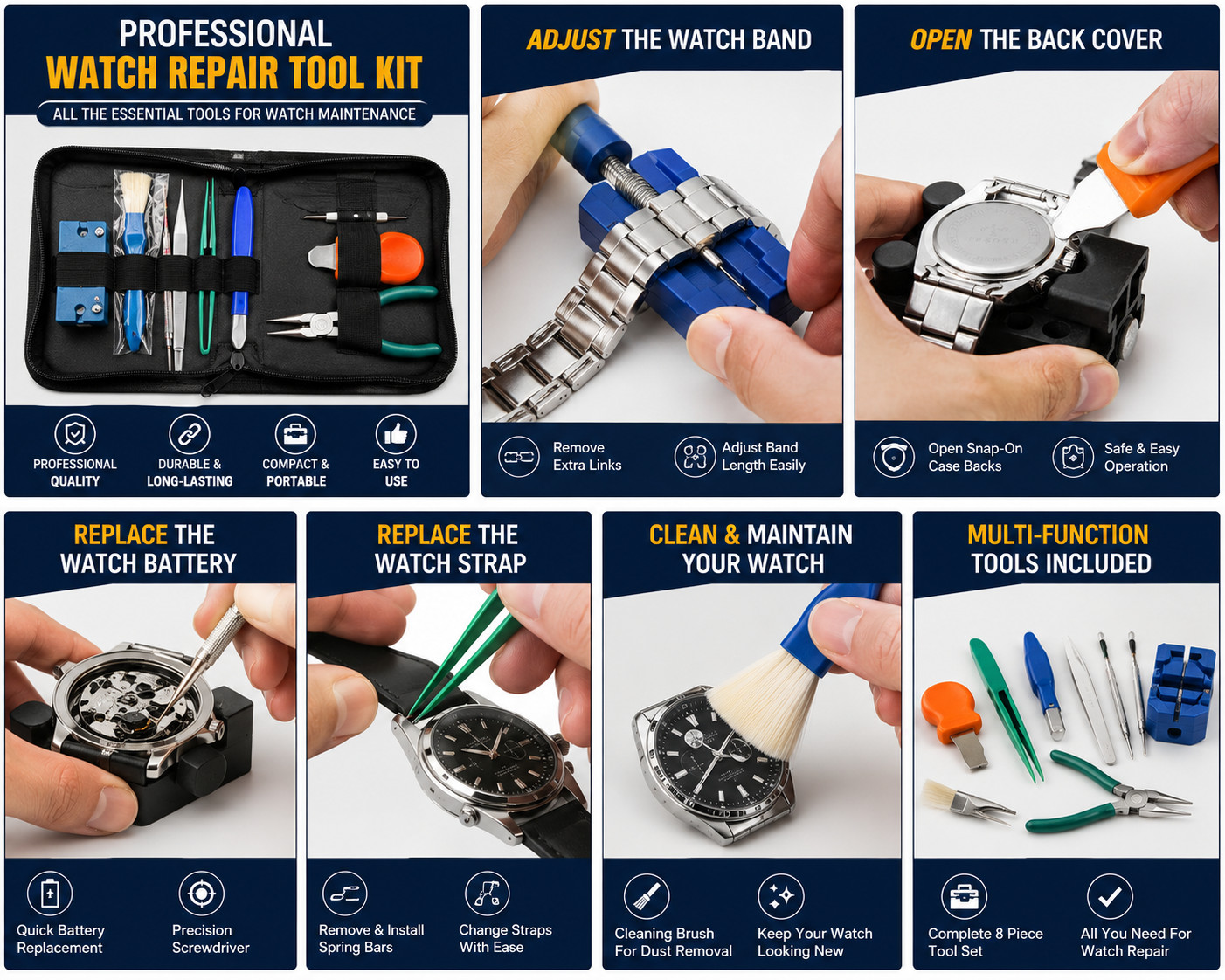 8PCS Professional Watch Repair Tool Kit with Carrying Case