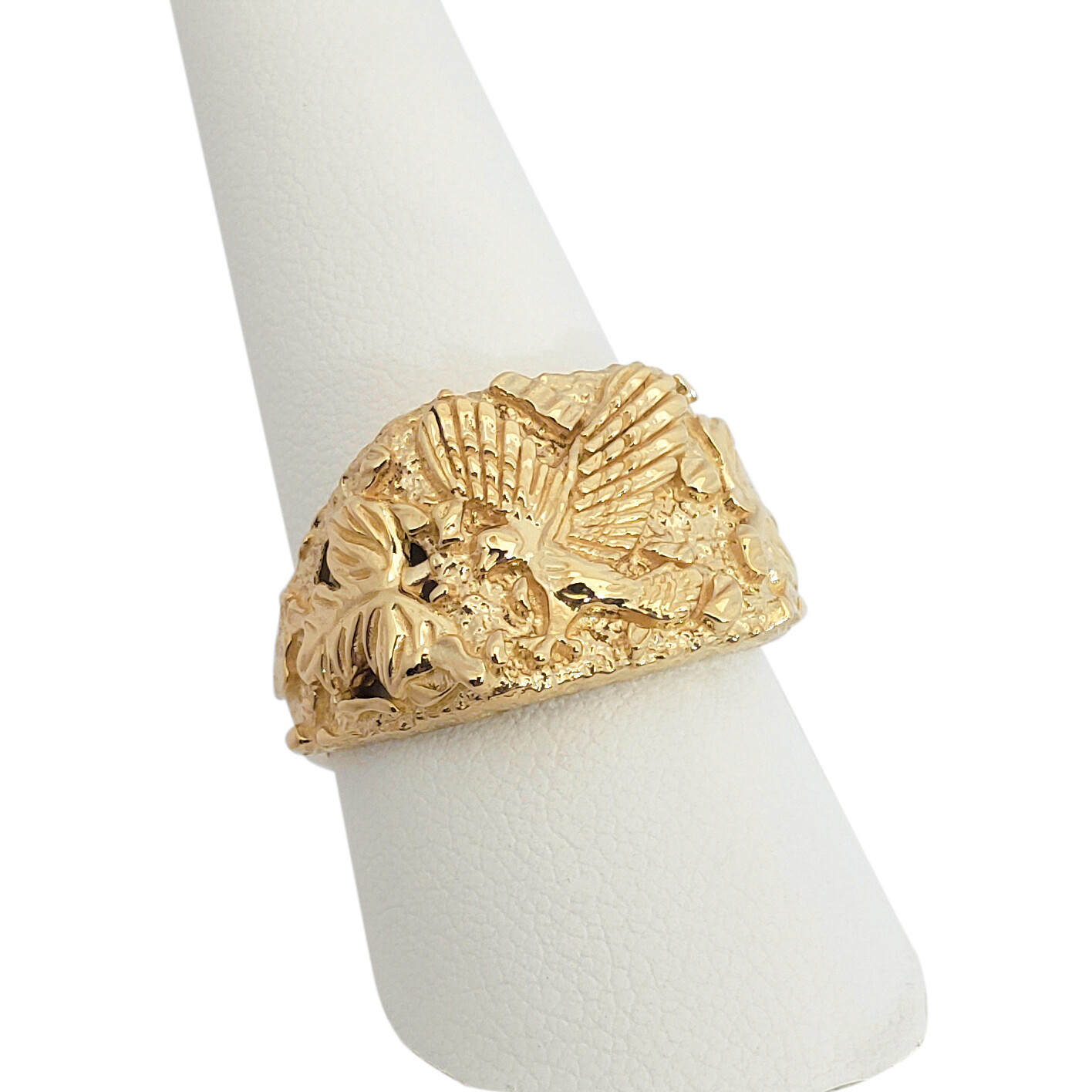 Solid 18K Yellow Gold Large Eagle Leaf Mens Nugget Ring, Size 5 – 15