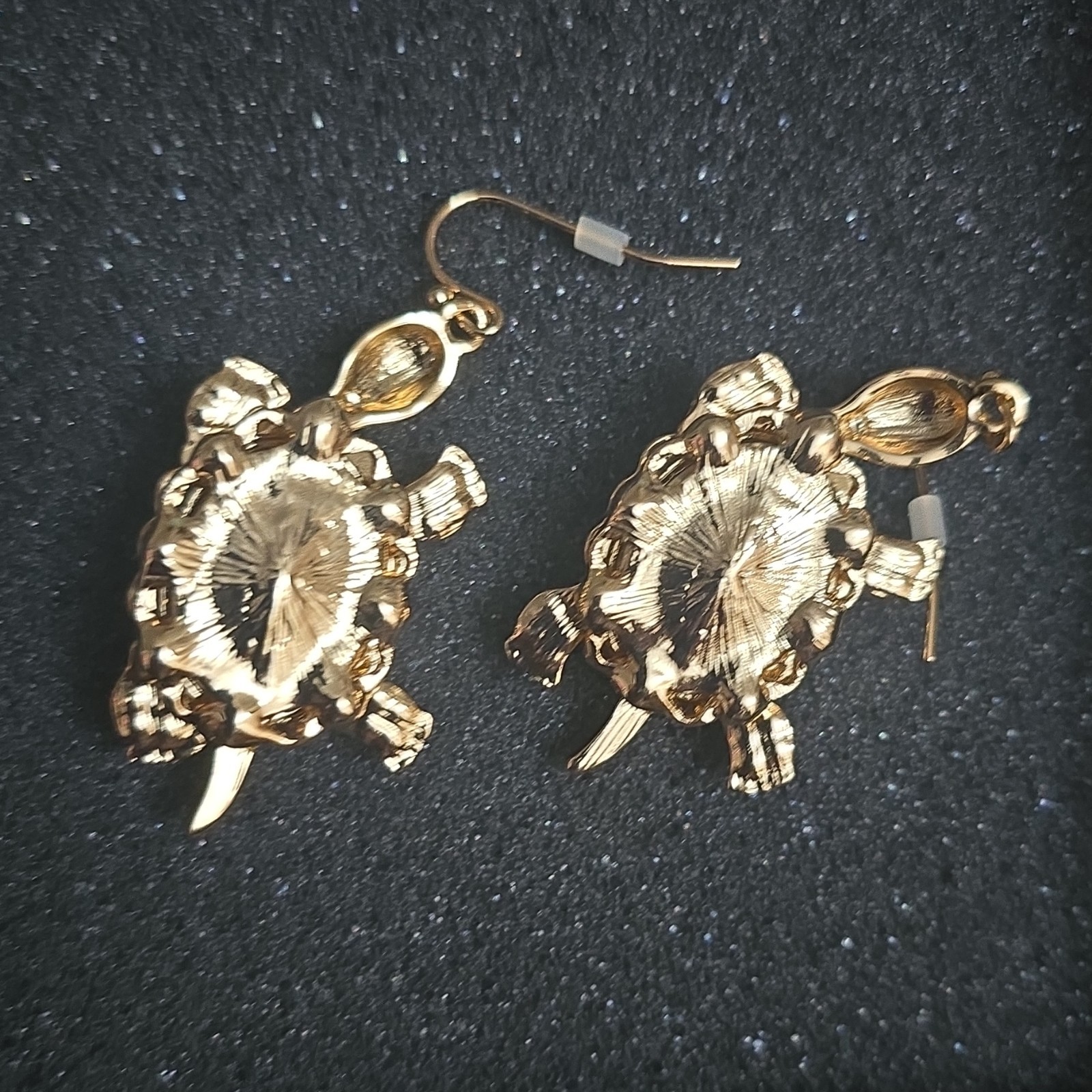 Gold Tone Turtle Dangle Drop Hook Earrings Pink Crystal Accents