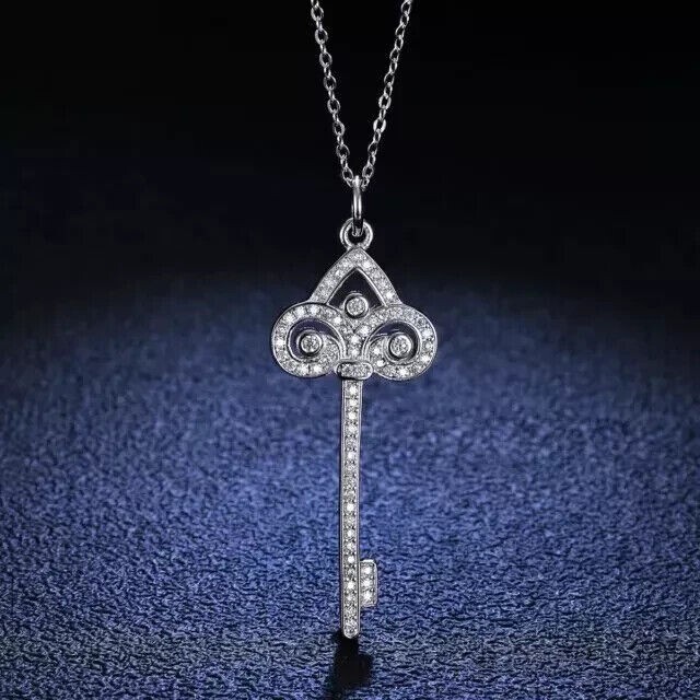 Round Simulated Diamond Women’s Stunning Key Fancy Pendant 14k White Gold Plated