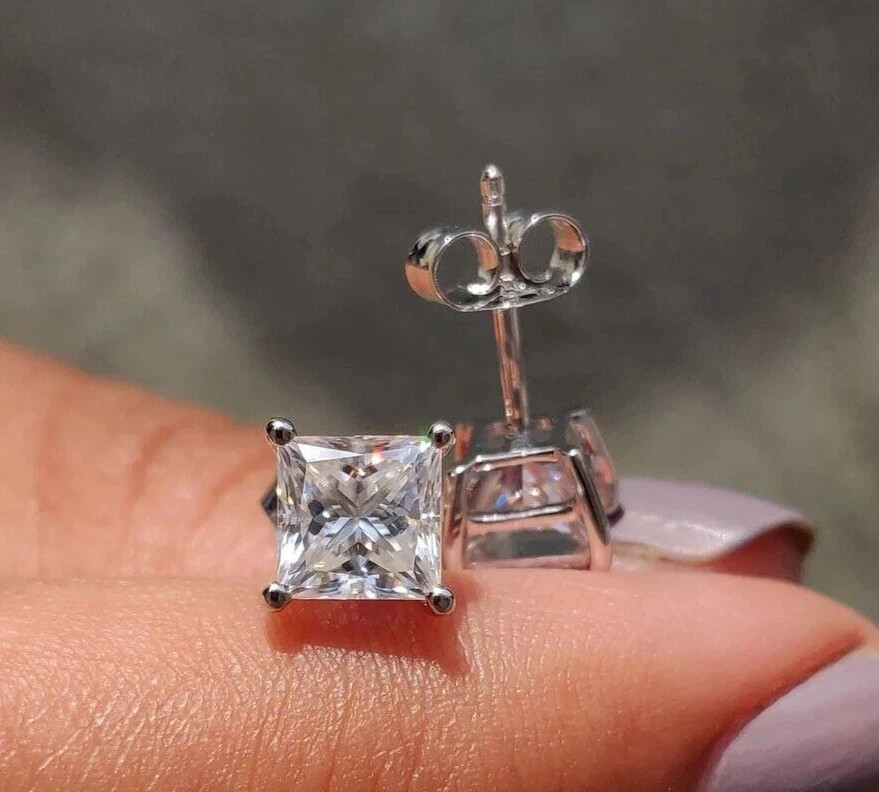 4Ct Princess Cut White Diamond Solitaire Studs-Great Shine! Ideal Gift
