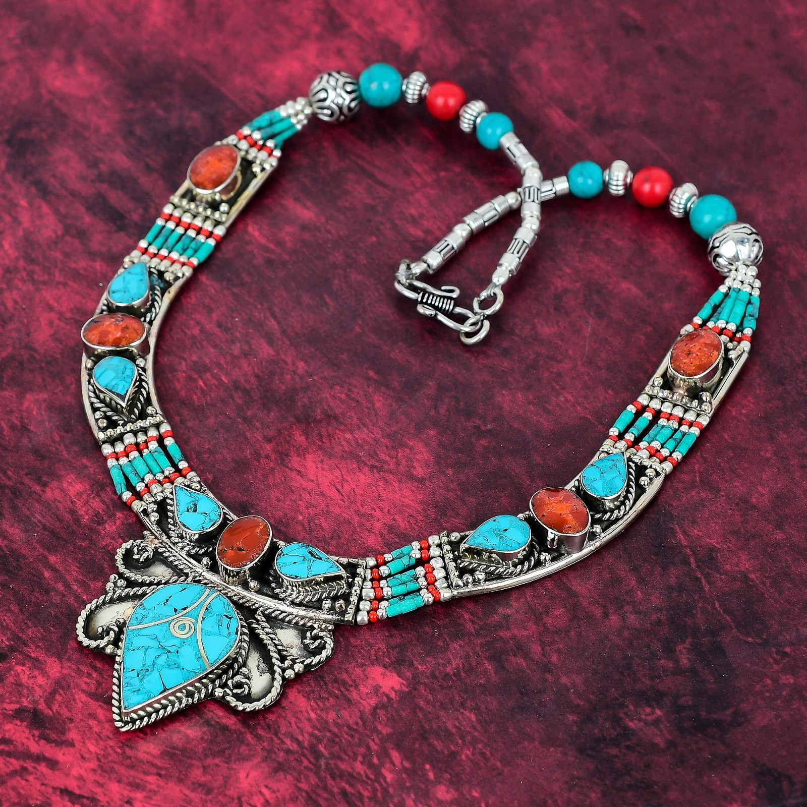 Turquoise Gemstone Handmade 925 Sterling Silver Tribal Nepali Jewelry Necklace