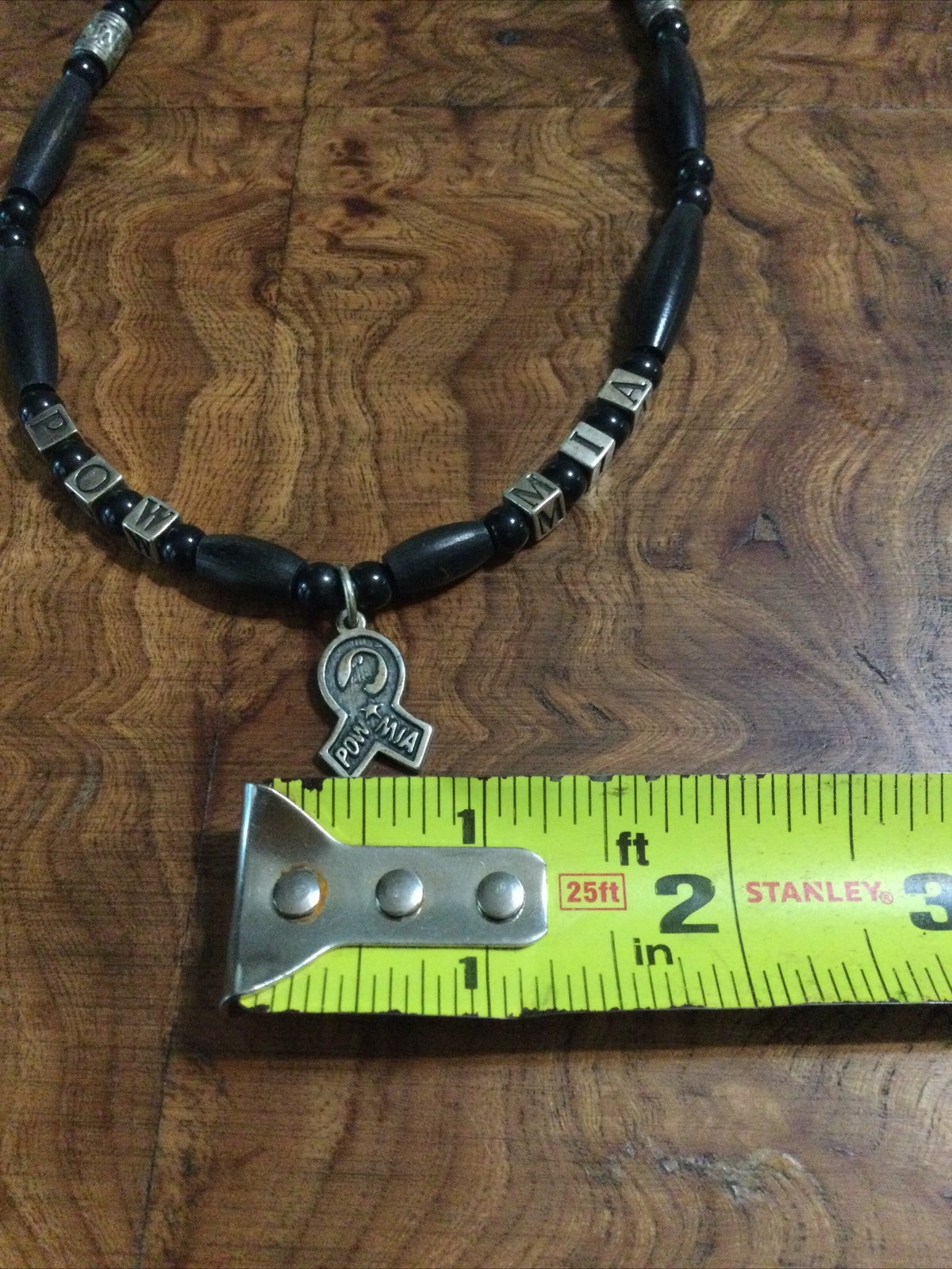 Sterling Silver Ribbon Pendant Wood Black Onyx POW MIA Artisan Necklace 925