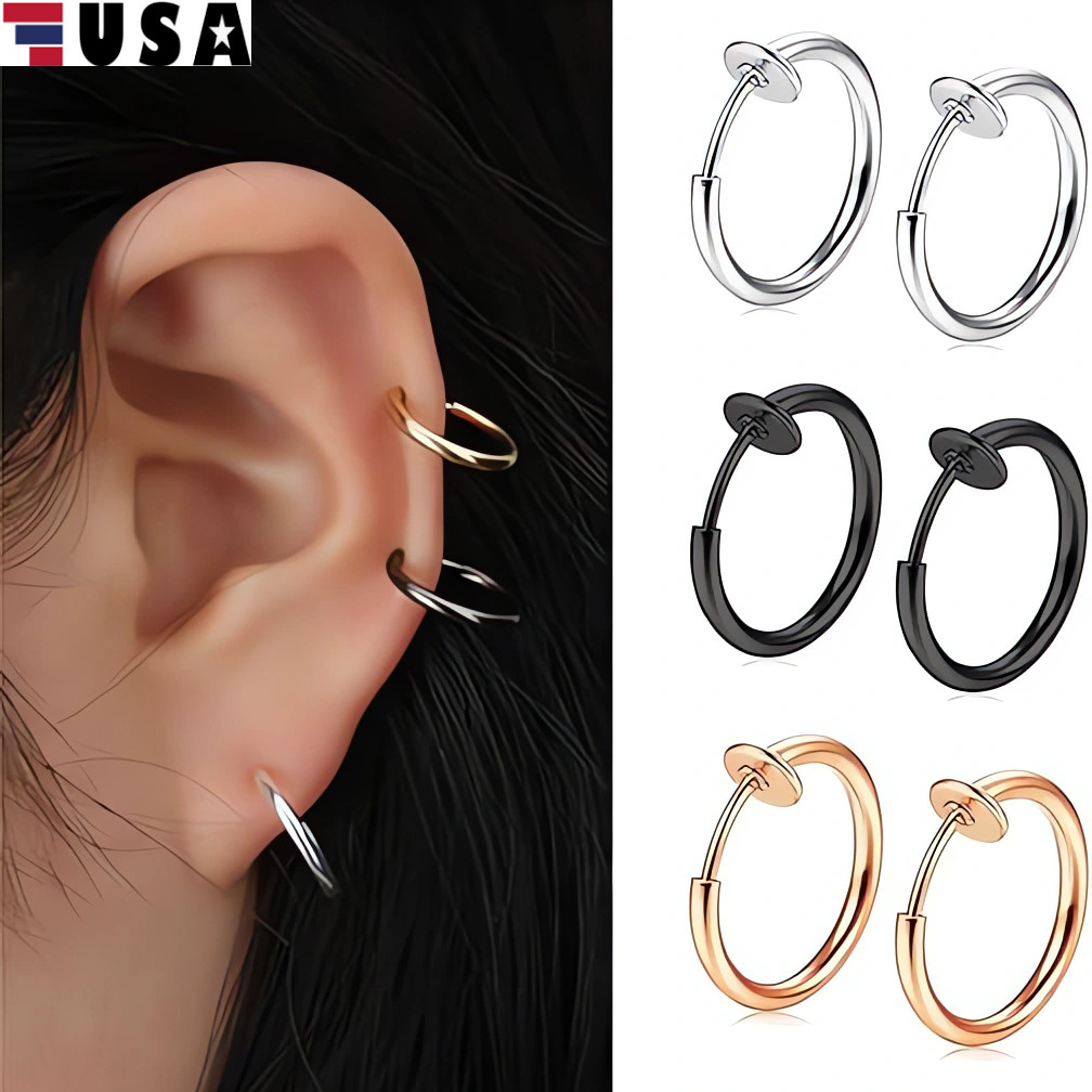 2× Clip-On Spring Action Non-Piercing Fake Septum Lip Cartilage Nose Tragus Ring