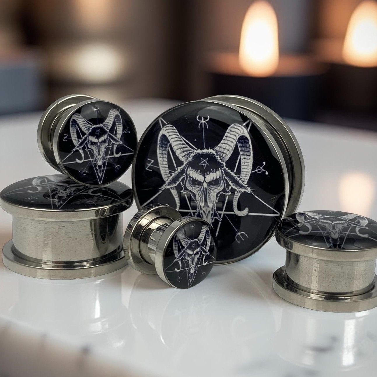 Pair of Screw on Baphomet Style 2 Picture Plugs gauges pentagram 16g – 1 inch