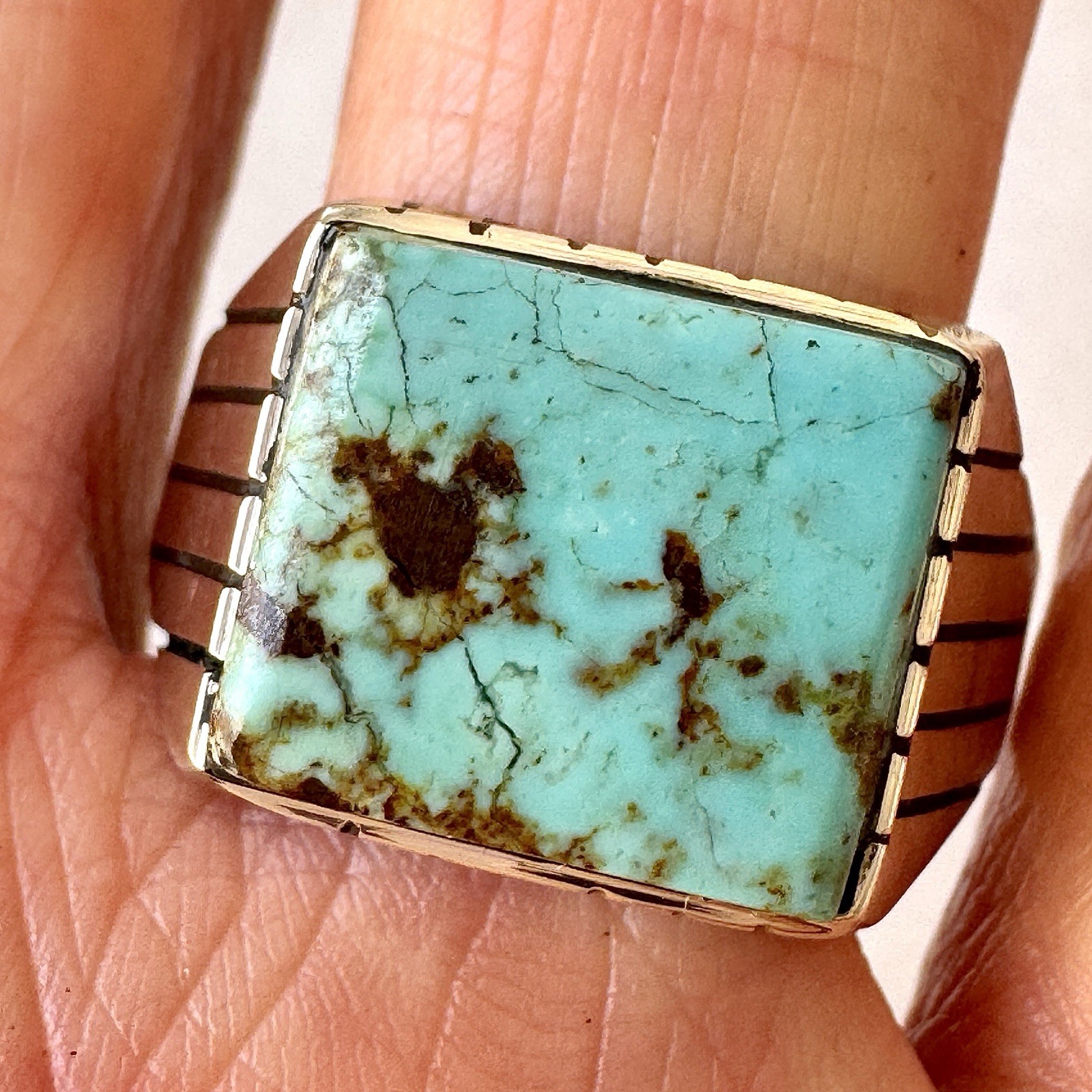 Navajo Turquoise Mens Ring Sz 13 Rectangle Signed Jack Sterling 14mm Cracked