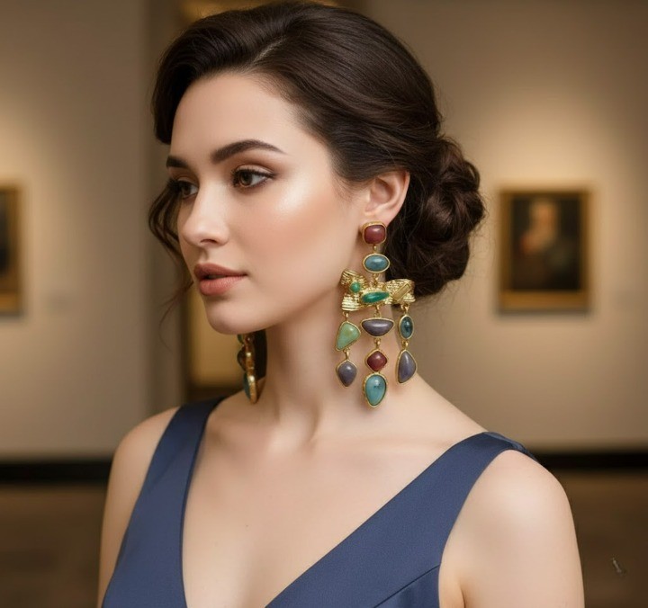 Vintage Boho Multicolor Gold Statement Stone Earrings Birthday gift Vacation