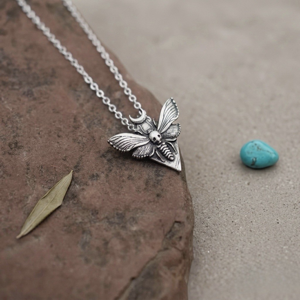 Silver Tone Triangle Moth Pendant Necklace Cable Chain Gothic Animals & Insects