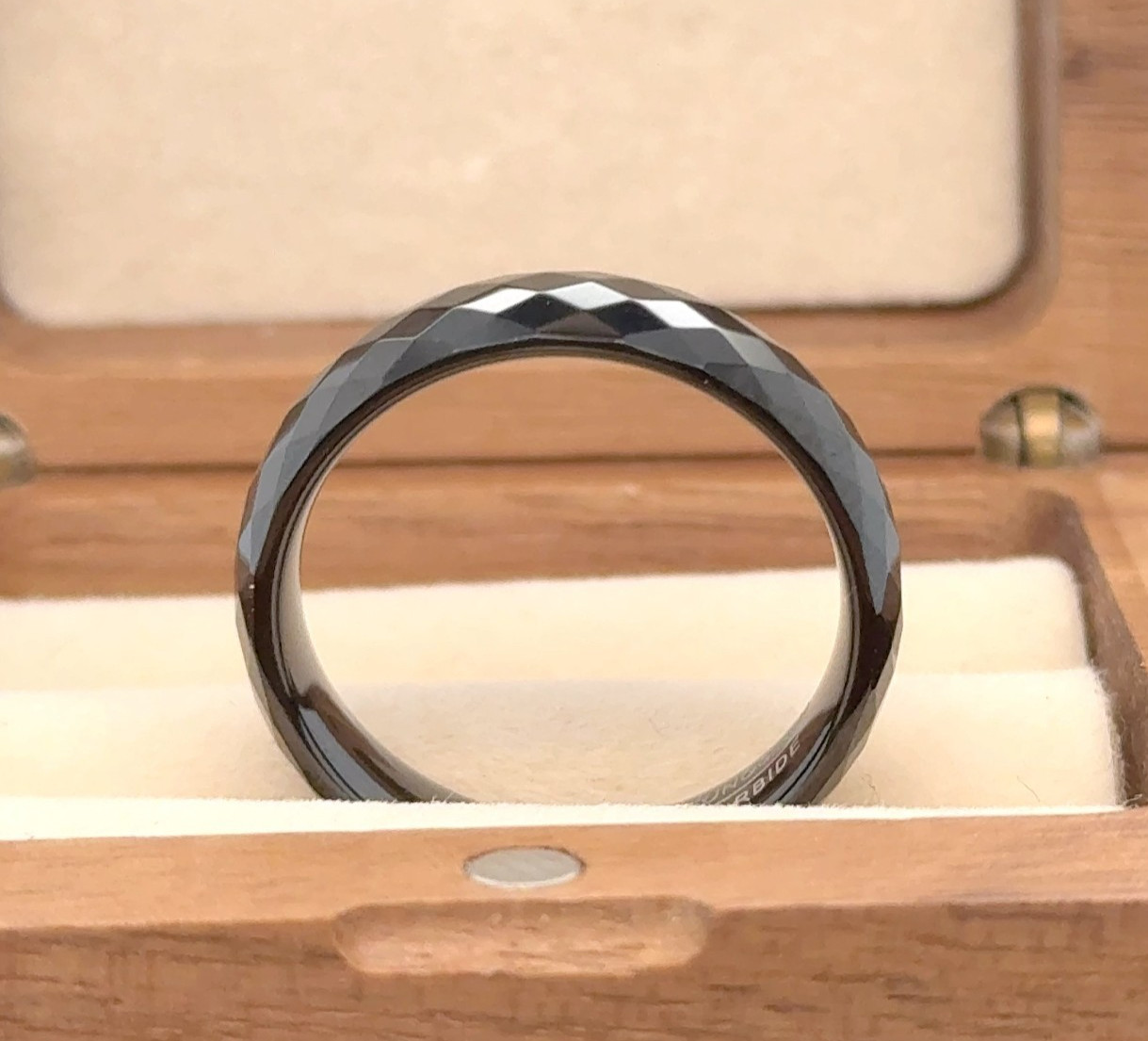 Black Tungsten Wedding Band – High Polish Faceted 6mm Ring for Her
