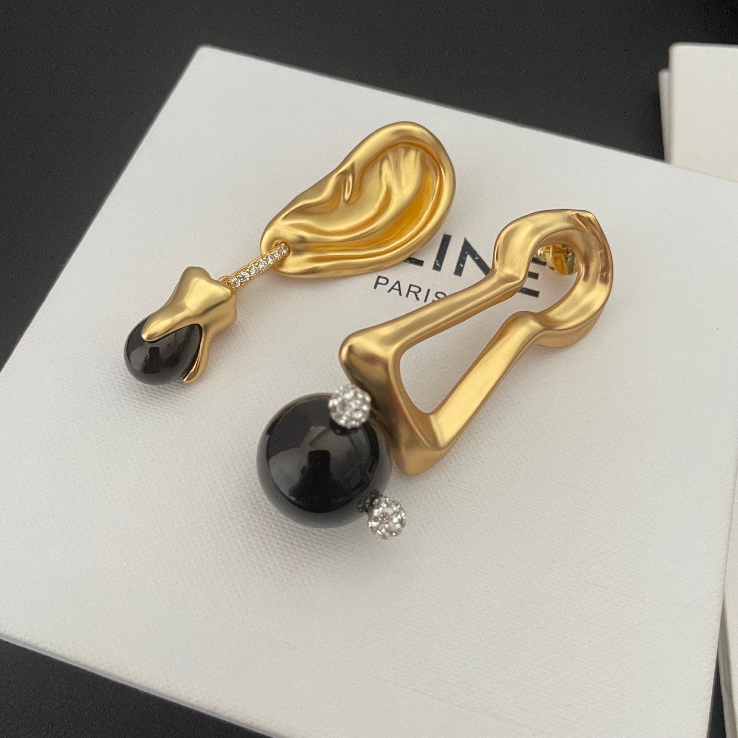 Schiaparelli Asymmetrical Ear Lock Tooth Black Onyx Drop Earrings